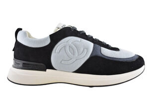 Chanel 22B Black Blue White CC Logo Suede Lace Up Flat Runner Trainer Sneaker 40